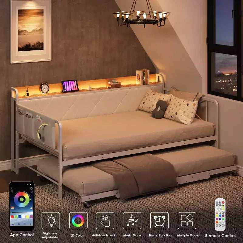 Lit de repos avec lit gigogne et lumière LED, cadre de lit double avec tête de lit rembourrée et station de charge, cadre de lit de repos en métal ou pour salon