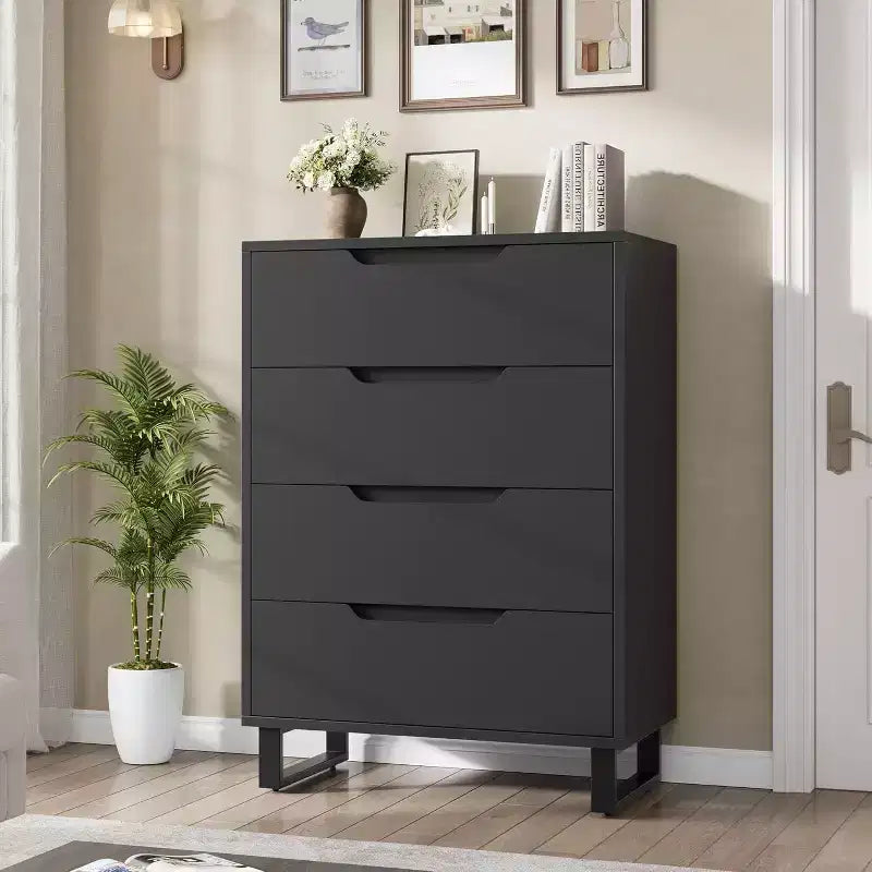Commode de Chambre à Coucher 4 Tiroirs, Commode Haute de 105 cm, Meuble Tiroir Vertical Autonome avec Rangement, Coffre de Rangement en Bois pour Chambre à Coucher, Couloir, Entrée
