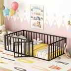 Okak Lit en métal pour enfant jumeau/double/grand, cadre de lit avec clôture surélevée et porte verrouillable, lit pour enfant pour chambre d'enfant et salle de jeux