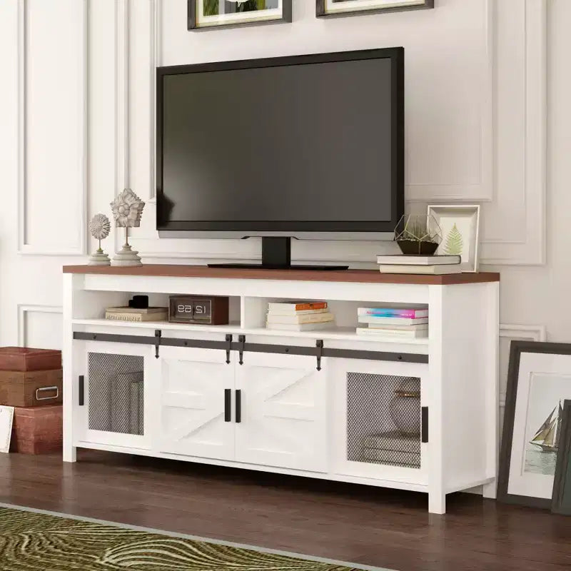 Meuble TV de ferme GustoWave, console TV robuste avec étagère réglable et porte coulissante style grange pour salon, chambre, blanc/noyer