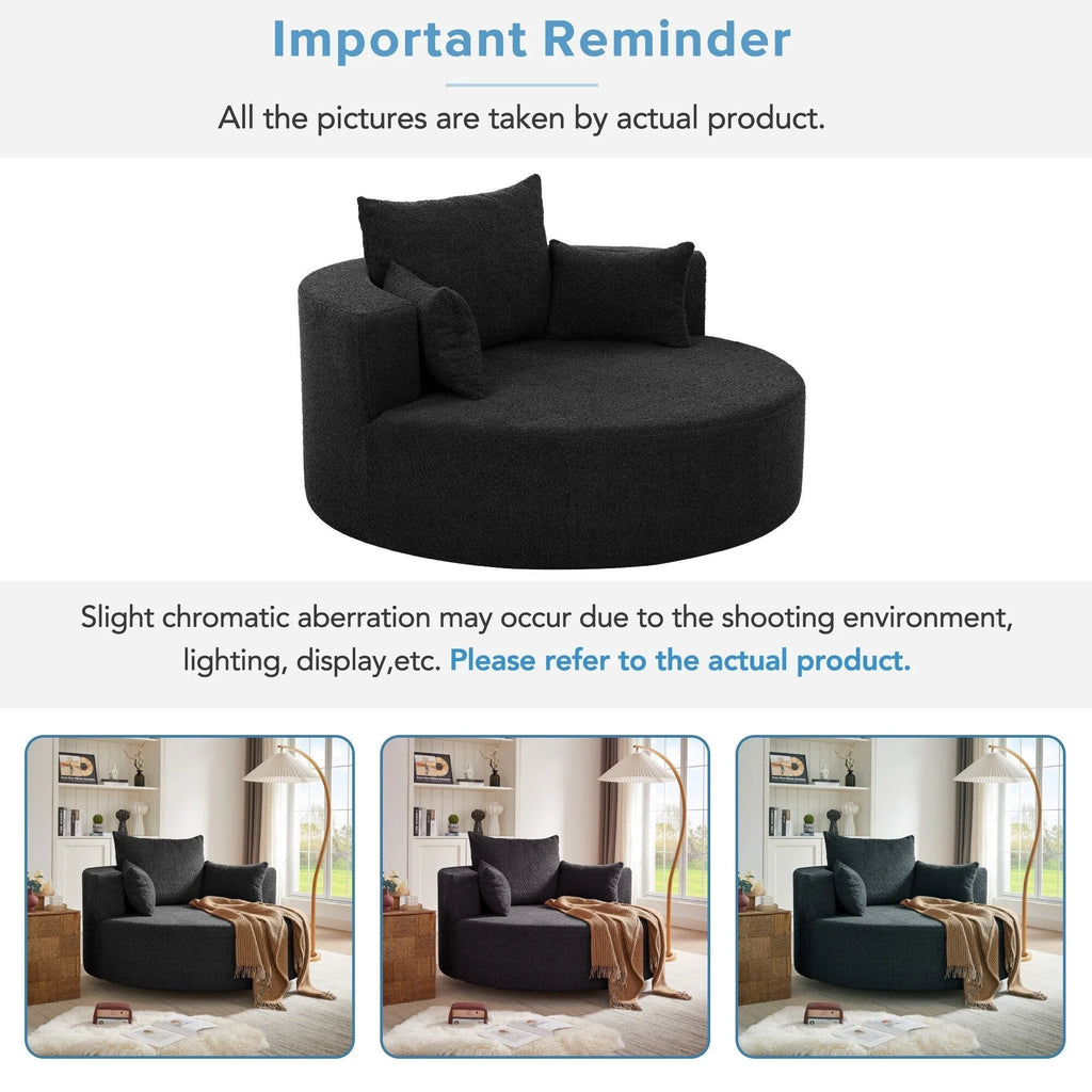 Fauteuil baril accent en chenille, Fauteuil de salon, Fauteuil rond avec base pivotante à 360 degrés et 3 coussins amovibles