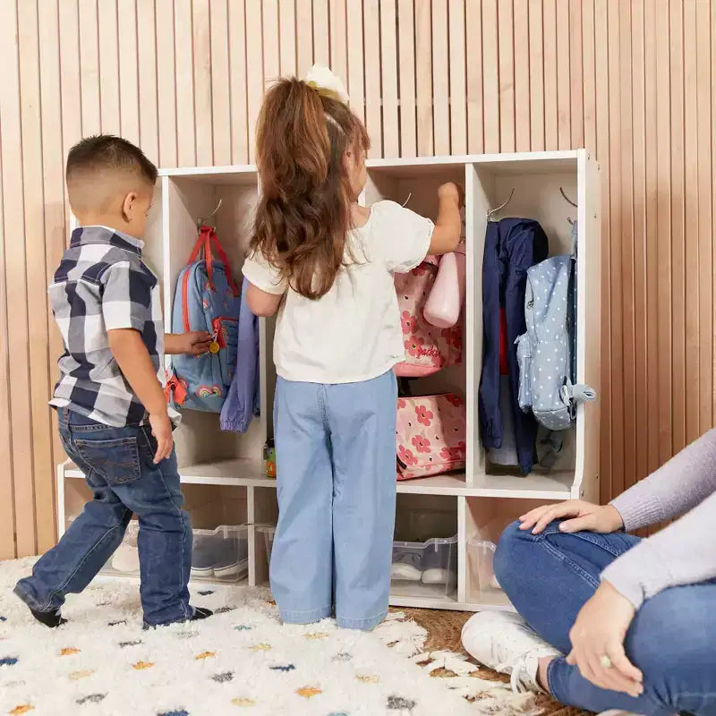 Portemanteau-vestiaire 5 sections avec banc et 5 bacs avant évidés pour tout-petits ECR4Kids Streamline