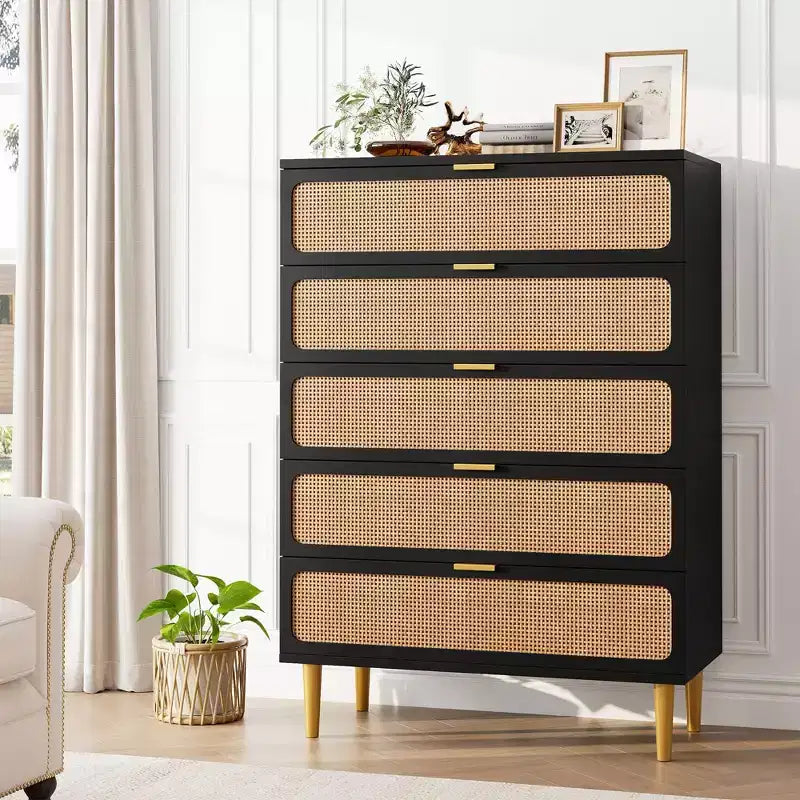 Commode Whizmax en rotin à 5 tiroirs pour chambre à coucher, commode haute avec tiroirs profonds, grande commode pour placard avec plateau large pour salon, couloir