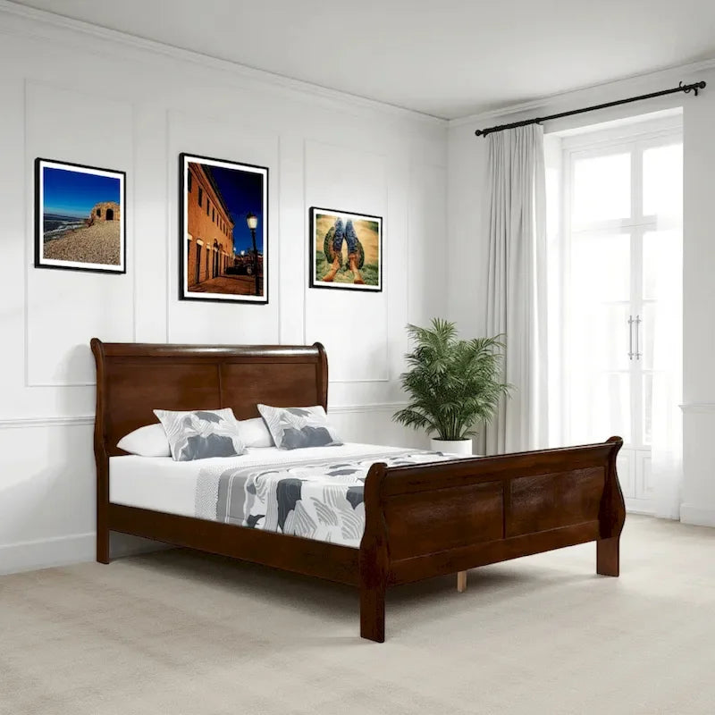 Lit traîneau Queen Gage Traditional, cadre en bois, finition cerise riche marron