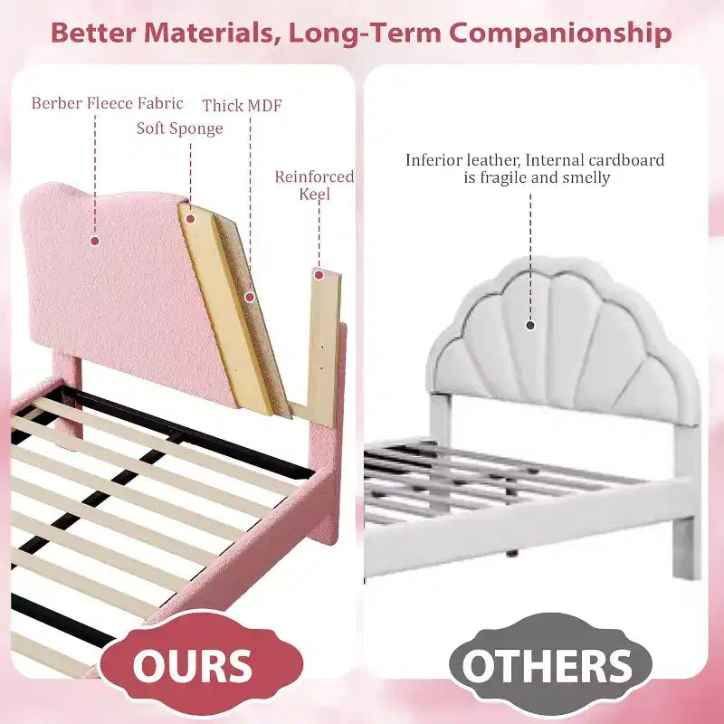 Lit plateforme capitonné jumeau GustoWave avec tête de lit coquillage pour enfants - Rose, pas besoin de sommier tapissier