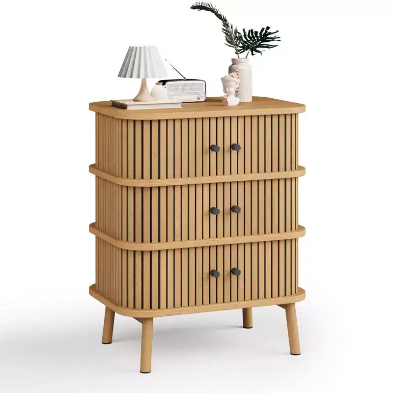 Meuble de rangement, commode à 3 tiroirs Mid-Century Modern avec porte coulissante, osier naturel et pieds en bois pour chambre à coucher ou salon