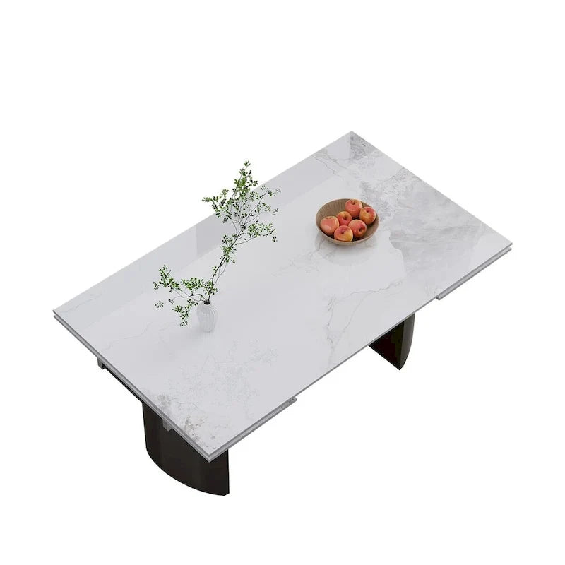 Ensemble de salle à manger extensible moderne et minimaliste 9 pièces 94.48 avec plateau en pierre frittée et double piédestal, avec 8 chaises en tissu