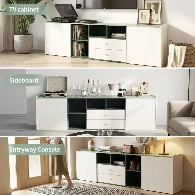 Meuble TV moderne Gaoyangjiaju 78,7 pouces, bloc de couleurs, pour téléviseur de 85 pouces, console média avec tiroirs et armoire de rangement pour salon, vert et blanc