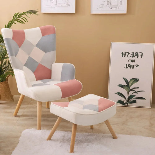 Fauteuil d'appoint avec pouf, ensemble fauteuil et pouf de salon, fauteuil d'appoint confortable pour chambre à coucher, surface en tissu à épissures créatives