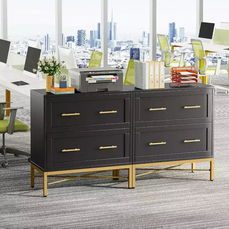 Meuble de classement à 2 tiroirs Lantine, armoire de classement latérale moderne en bois pour documents de format lettre/légal/A4 avec support d'imprimante pour bureau à domicile, noir et or