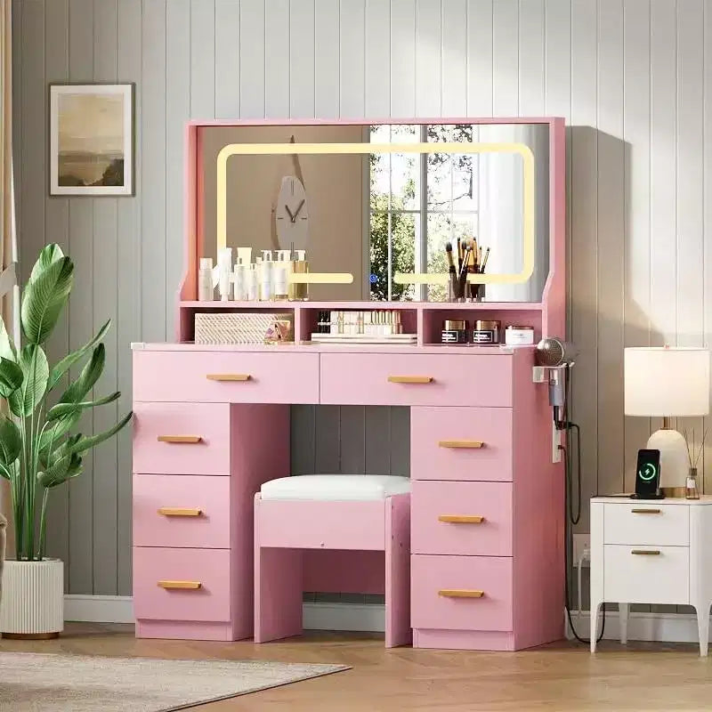 Coiffeuse de maquillage de 106 cm avec grand miroir et 8 tiroirs, table de toilette moderne avec plateau en verre, tabouret de rangement, pour chambre à coucher ou dressing