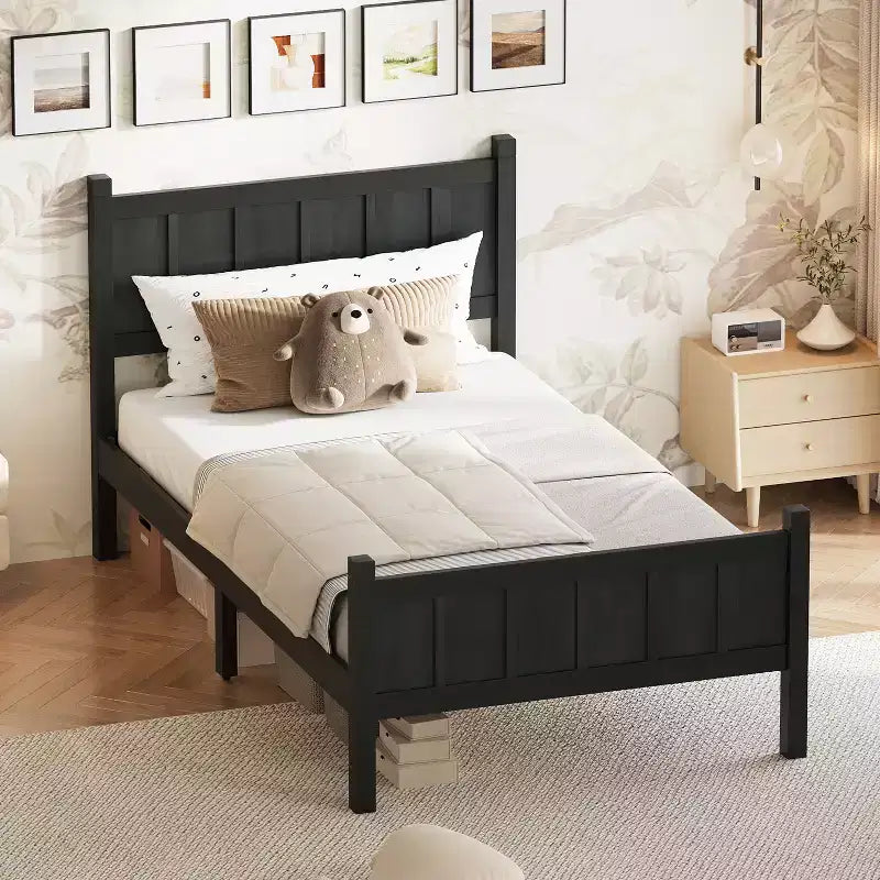 Cadre de lit double/grand lit/très grand lit avec tête de lit et pied de lit, lit plateforme de style ferme, support à lattes en bois, noyer - ModernLuxe