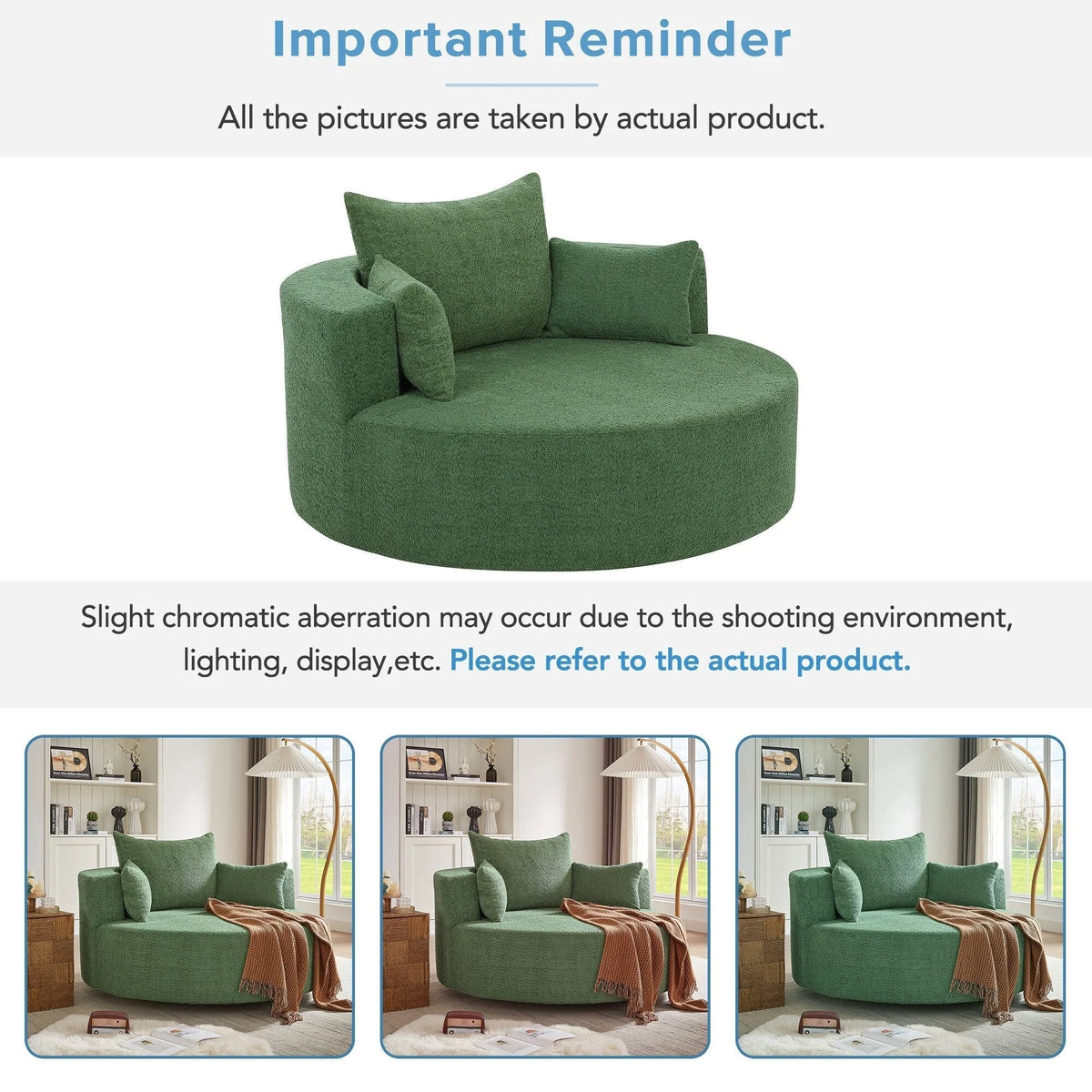 Fauteuil baril accent en chenille, Fauteuil de salon, Fauteuil rond avec base pivotante à 360 degrés et 3 coussins amovibles