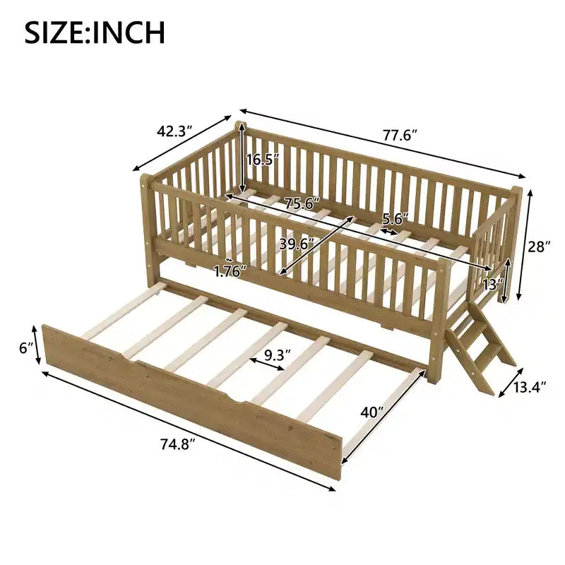 Cadre de lit double avec lit gigogne et garde-corps, lit plateforme bas avec escalier pour garçons et filles