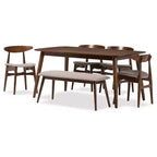 Ensemble de salle à manger 6 pièces Flora avec banc et chaises rembourrés en bois de style moderne du milieu du siècle - Baxton Studio