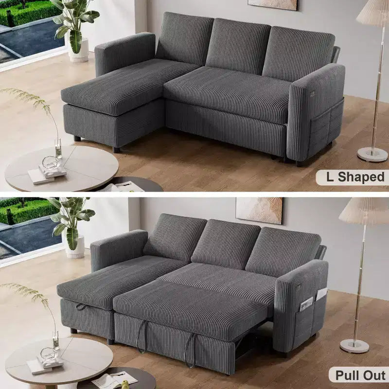 Canapé convertible Dyonery - Canapé-lit gigogne 2 en 1 avec chaise de rangement pour salon, canapé sectionnel en velours côtelé avec ports USB, assemblage sans outils