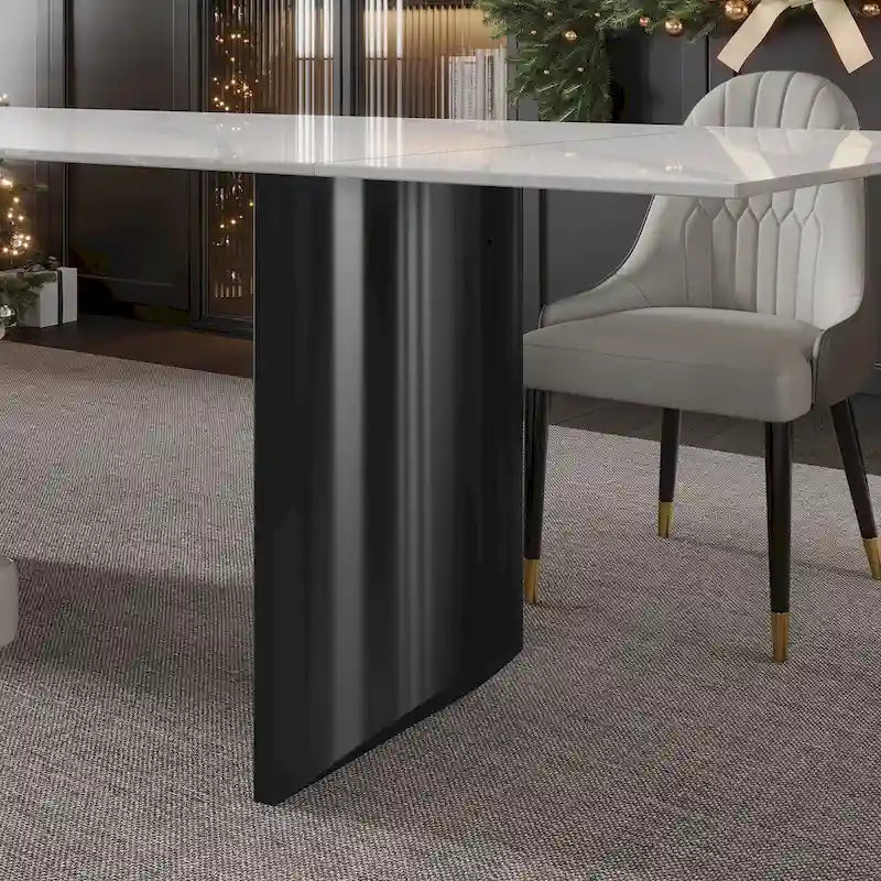 Ensemble de salle à manger extensible moderne et minimaliste 9 pièces 94.48 avec plateau en pierre frittée et double piédestal, avec 8 chaises en tissu