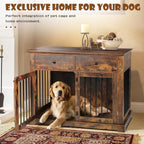 BOSSIN Cage pour Grand Chien de 112 cm, Meuble de Chenil en Bois avec Tiroirs de Rangement, Niche Décorative pour Animaux de Compagnie
