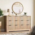 Commode 6 tiroirs cannelée, commode moderne en bois avec plateau en bois, armoire de rangement robuste pour vêtements de chambre à coucher