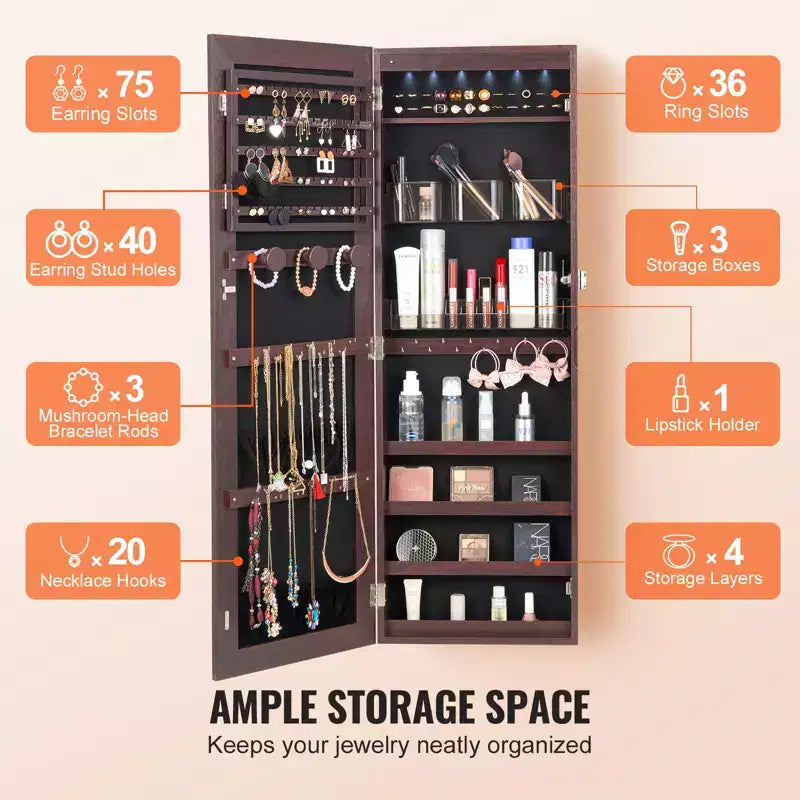 VEVOR Armoire à Bijoux avec Miroir, Armoire à Bijoux Verrouillable de 108 cm de Haut avec Miroir sur Pied, Miroir à Bijoux Mural ou à Suspendre à la Porte, Marron