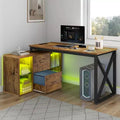 Bureau d'angle réversible en forme de L brun 55 pouces avec tiroirs et lumières LED et 4 étagères de rangement ouvertes en verre