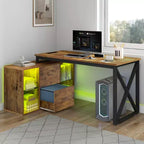 Bureau d'angle réversible en forme de L brun 55 pouces avec tiroirs et lumières LED et 4 étagères de rangement ouvertes en verre