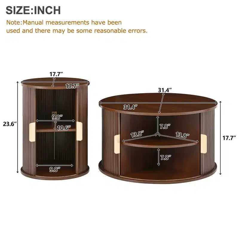 Clihome Table Basse Ronde Mid-Century avec Porte Tambour Coulissante Lot de 2