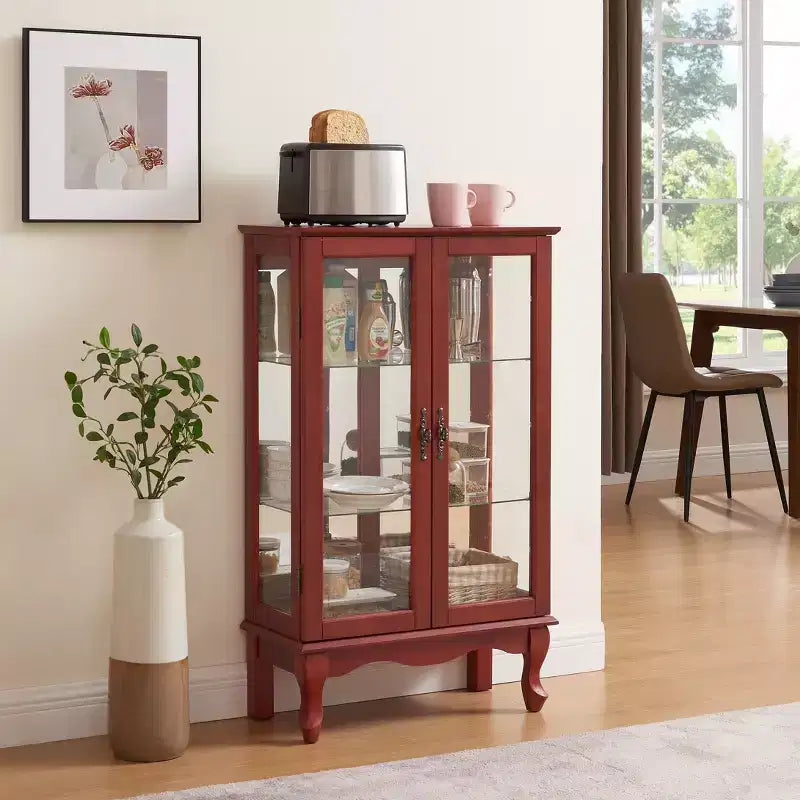 Vitrine à 2 portes avec portes en verre trempé, panneau arrière miroir, étagères réglables et éclairage pour le bureau à domicile