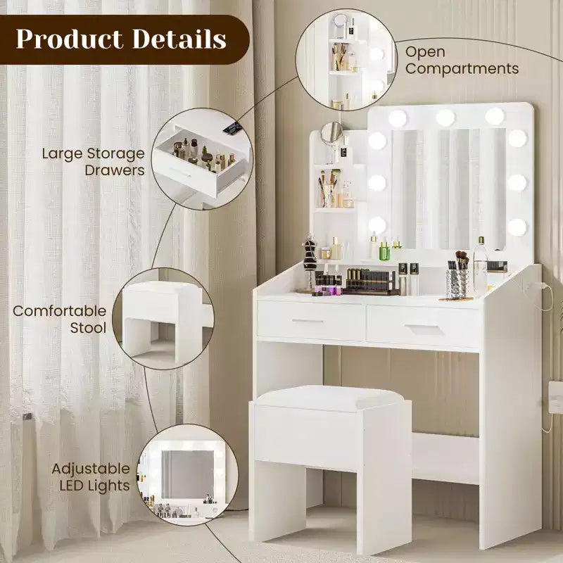 Coiffeuse de Maquillage avec Lumières, Bureau de Maquillage avec Miroir et Lumières, Grand Tiroir et Armoire de Rangement à Deux Étages, 3 Modes d'Éclairage