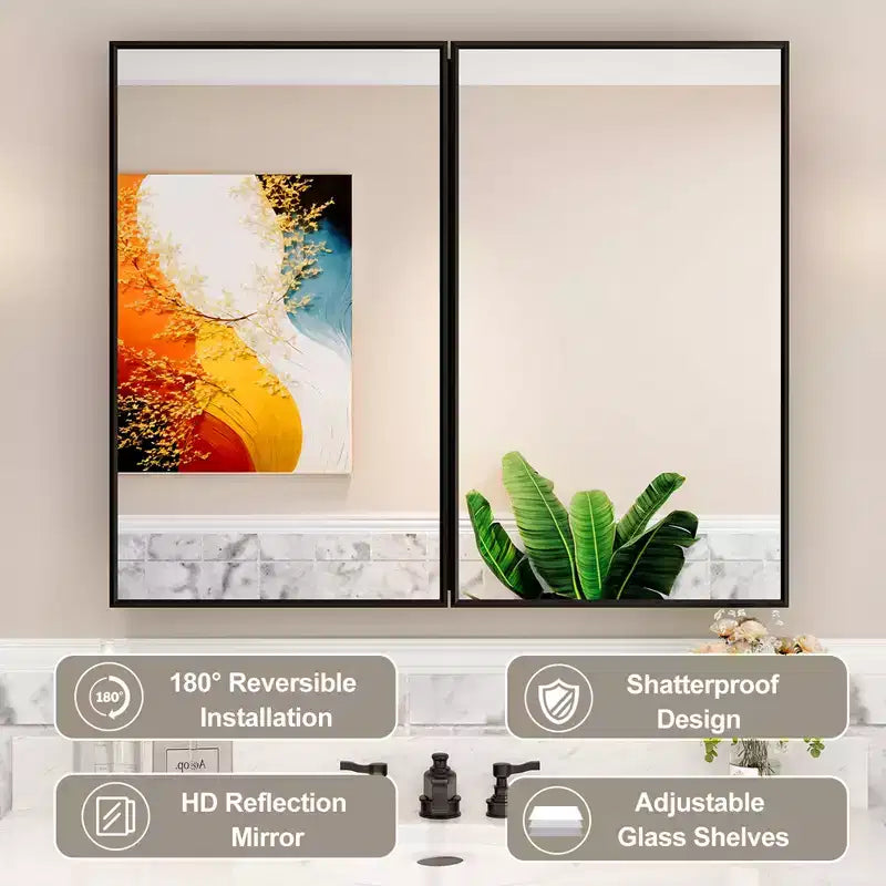 Armoire à pharmacie Elise avec miroir, armoire de salle de bain à montage en surface ou encastré, étagères réglables en verre trempé, réversible