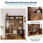 Banc et Rangement à Chaussures, Banc d'entrée de Ferme 3-en-1 avec Porte-Manteau, 4 Crochets, 4 Casiers à Chaussures et 3 Compartiments Ouverts, pour Entrée, Vestiaire