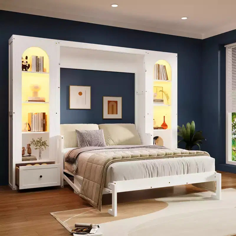 Lit escamotable Queen Size avec armoires latérales et éclairage LED, lit armoire pliant avec étagères de rangement et tiroirs pour chambre d'amis, blanc