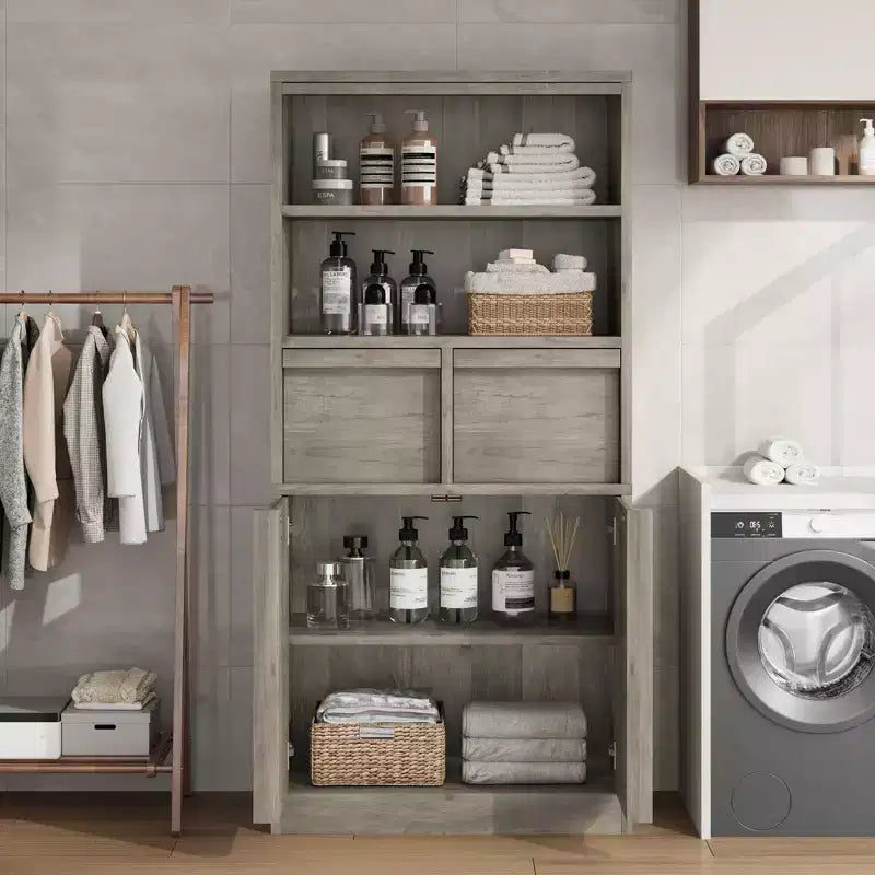 Meuble de Rangement Salle de Bain Haut de 129 cm, Meuble Bas Autonome avec 2 Tiroirs, Meuble de Rangement pour Salon Cuisine Salle de Bain