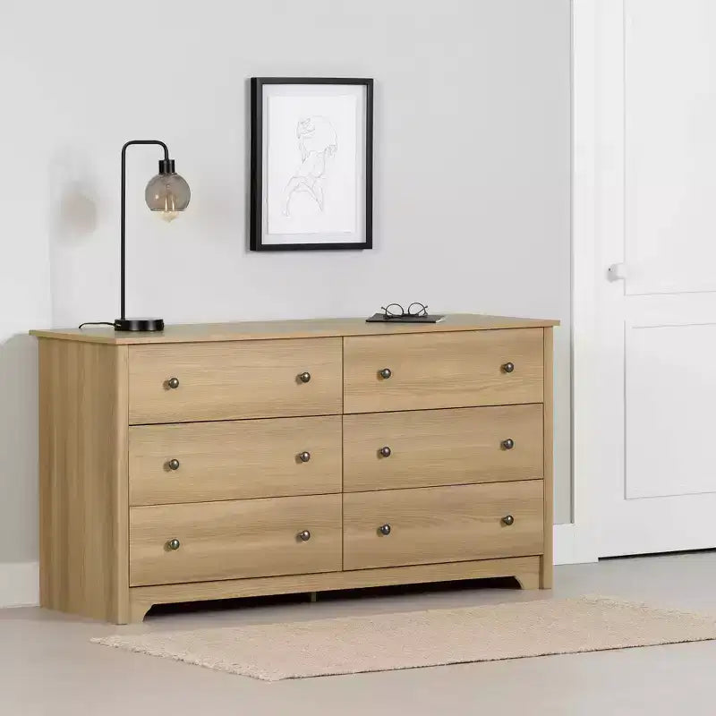 Commode double 6 tiroirs South Shore Ash : Ancrage anti-basculement, Fini laminé, Panneaux de particules, Largeur 59,25