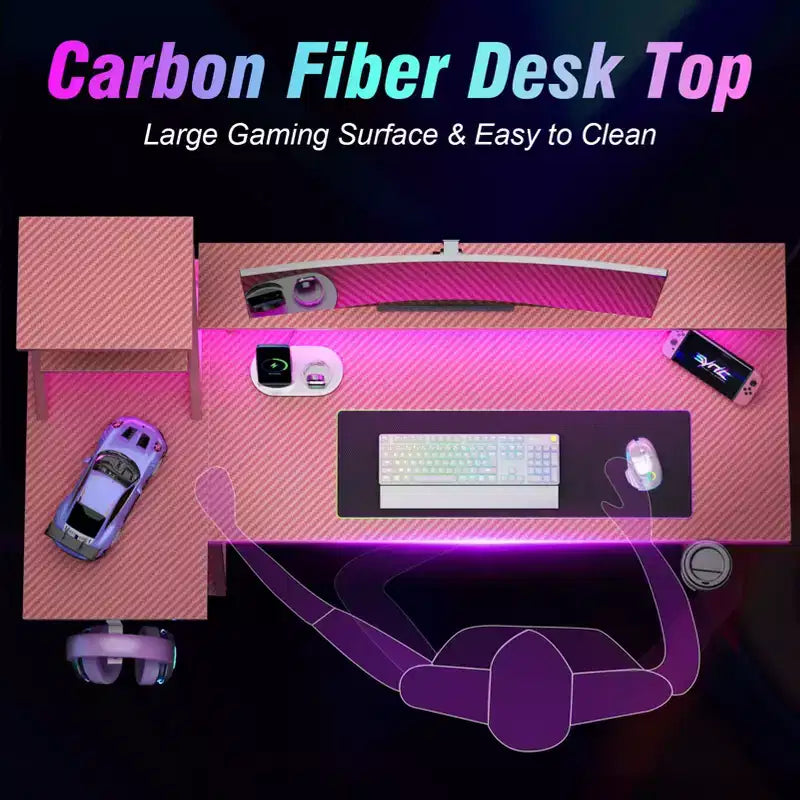 Bureau de jeu en L de 47 pouces rose pour petits espaces, table d'angle pour ordinateur avec support de moniteur, étagères de rangement, bureau de gamer en fibre de carbone, robuste pour salle PC