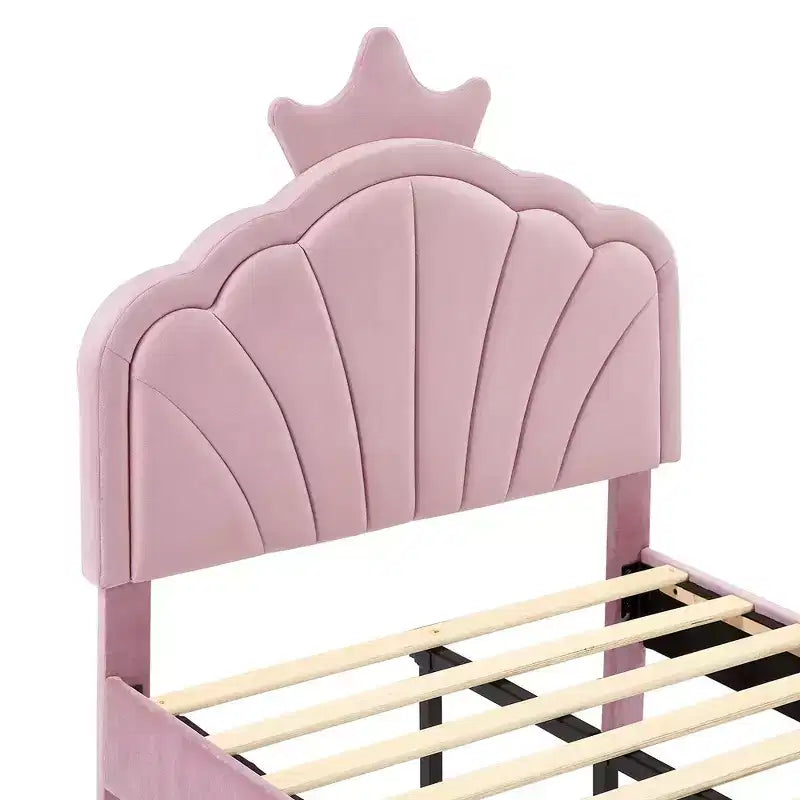 Cadre de lit enfant capitonné VECELO en forme de couronne, lit plateforme en bois avec tête de lit réglable, pas besoin de sommier tapissier