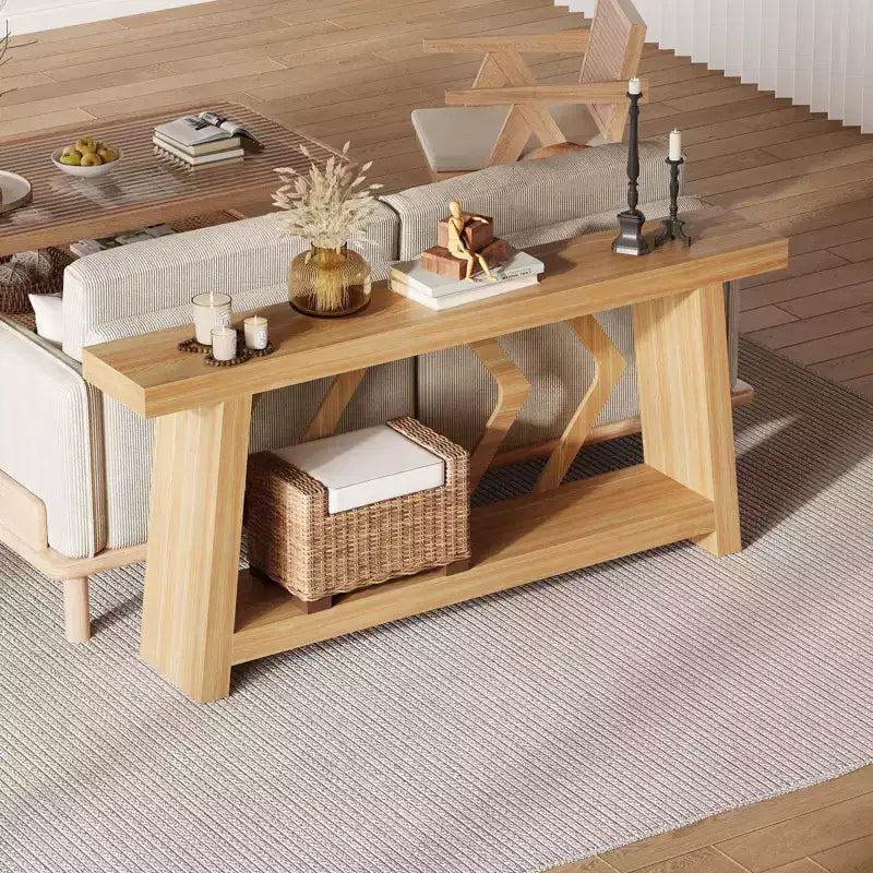 Console en bois de 180 cm, table de canapé ultra-stable avec pieds trapézoïdaux derrière le canapé, table d'entrée extra longue à 2 niveaux pour couloir et salon