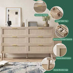 Commode en rotin naturel Garvee avec poignées dorées, commode de rangement en bois de style ferme avec 5 pieds solides pour salon, chambre et entrée, chêne