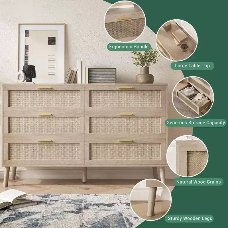 Commode en rotin naturel Garvee avec poignées dorées, commode de rangement en bois de style ferme avec 5 pieds solides pour salon, chambre et entrée, chêne