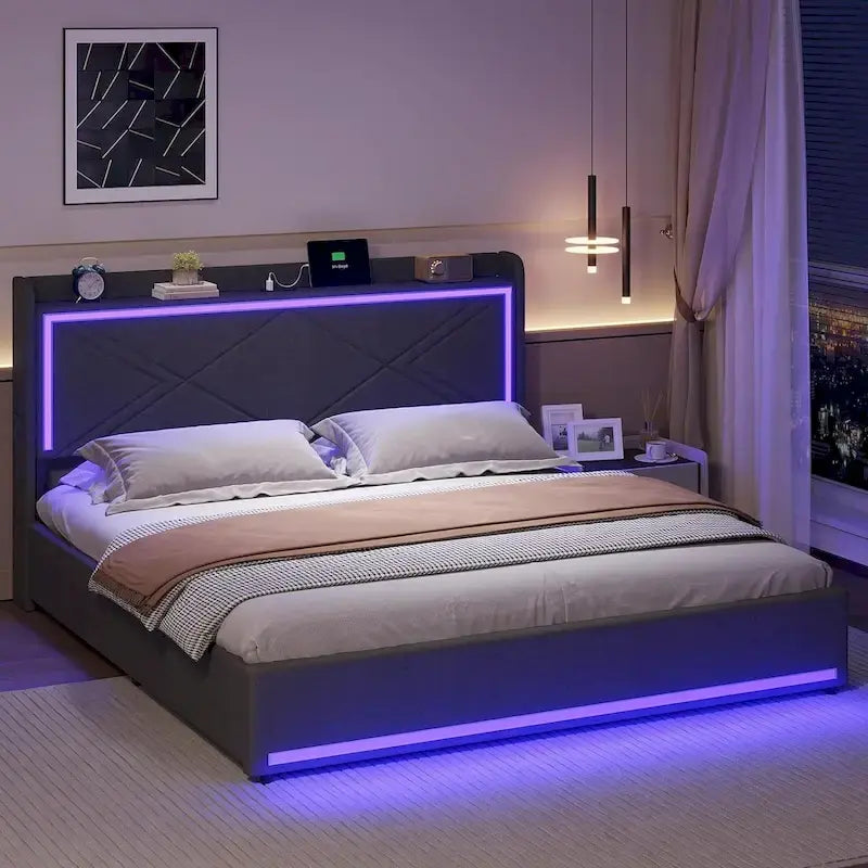 Cadre de lit avec lumières LED, tête de lit et station de charge USB-C/A, 4 tiroirs