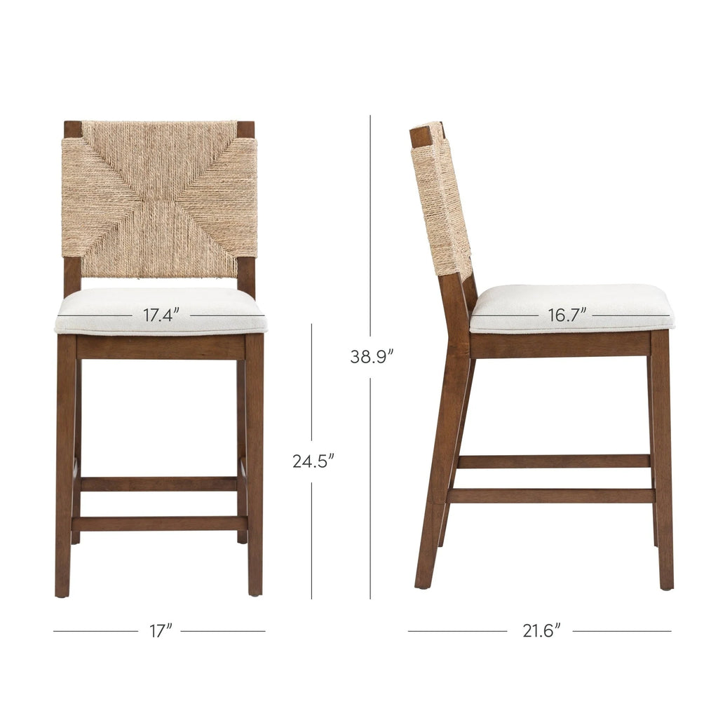 Tabouret de bar Beacon Bohemian Boucle, Chaise de comptoir rembourrée avec structure en bois massif et dossier en jonc de mer tressé