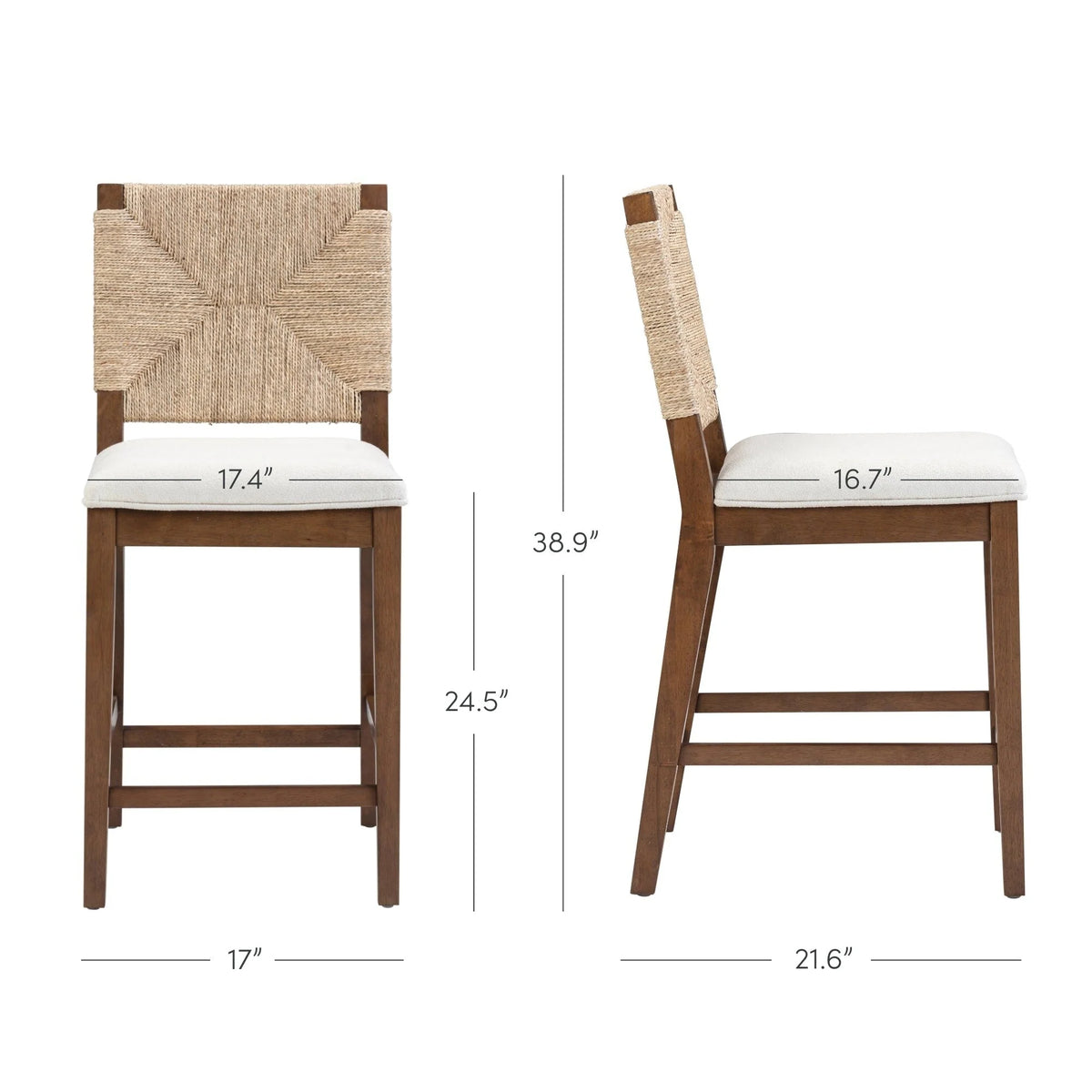 Tabouret de bar Beacon Bohemian Boucle, Chaise de comptoir rembourrée avec structure en bois massif et dossier en jonc de mer tressé
