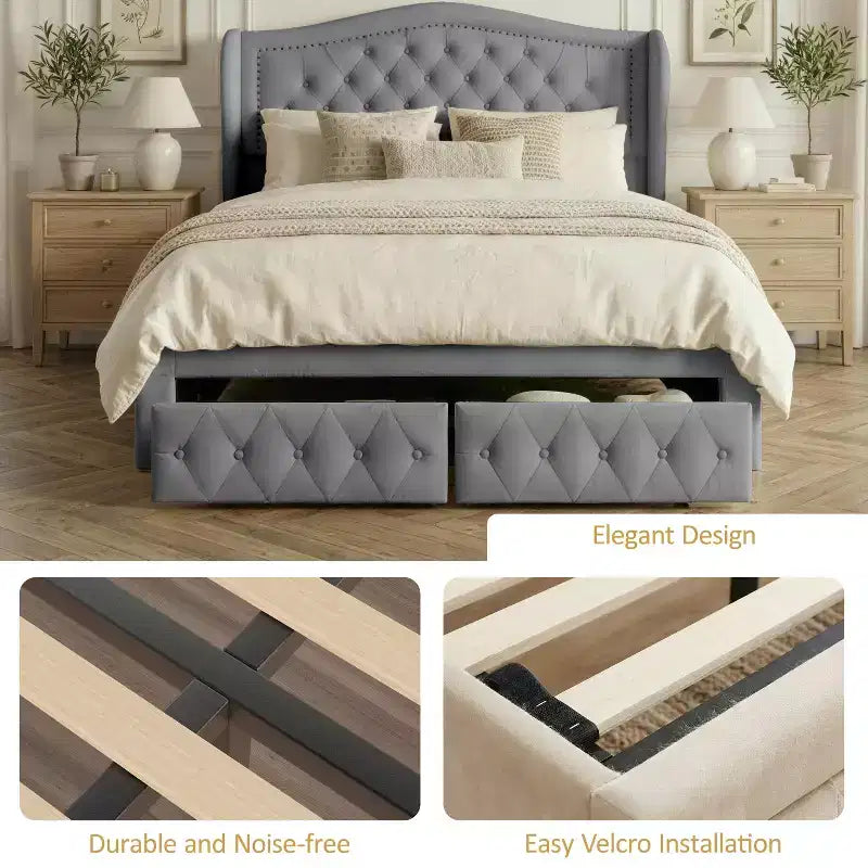 Cadre de lit plateforme Dyonery Queen Size, lit rembourré en velours avec tête de lit capitonnée à boutons profonds et ailes cloutées / Aucun sommier tapissier requis