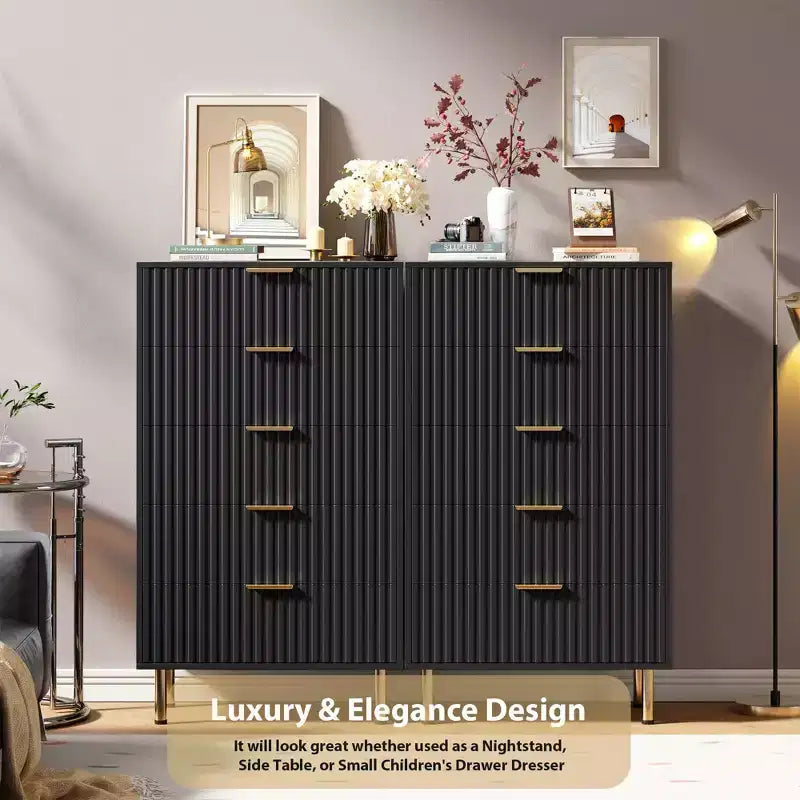 Commode moderne en bois de 122 cm de haut avec 5 tiroirs cannelés profonds et un large plateau pour chambre à coucher, salon, couloir, chambre d'enfant