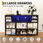 Commode de rangement à 10 tiroirs avec support TV, bande lumineuse LED et prises électriques, commode en tissu avec plateau en bois, meuble TV pour téléviseur de 55 pouces, commode de rangement