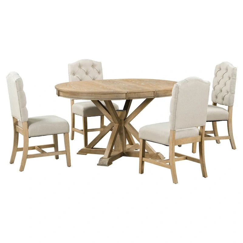 Ensemble de salle à manger 5 pièces en bois de style rétro avec table ronde extensible et 4 chaises, finition bois naturel vieilli