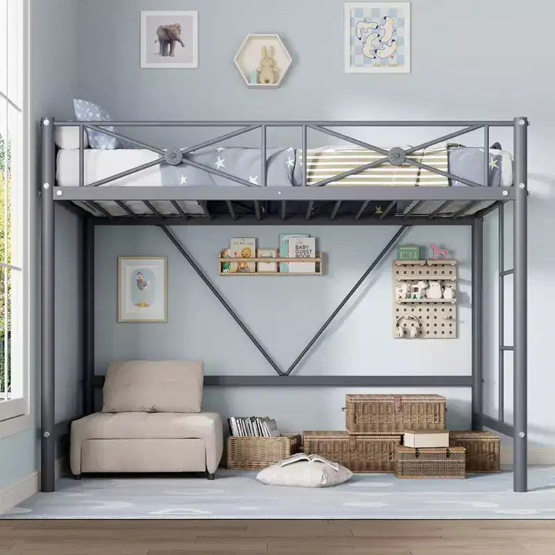 Cadre de lit mezzanine double en métal Acekool avec barrières de sécurité, lit mezzanine robuste en acier pour enfants ou adolescents, conception peu encombrante avec espace sous le lit