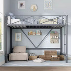 Cadre de lit mezzanine double en métal Acekool avec barrières de sécurité, lit mezzanine robuste en acier pour enfants ou adolescents, conception peu encombrante avec espace sous le lit