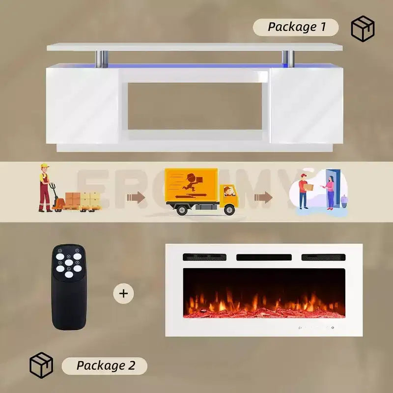 Meuble TV EROMMY 36'' avec cheminée électrique, centre de divertissement et console TV pour téléviseurs jusqu'à 80'', chauffage de cheminée moderne pour salon - Blanc