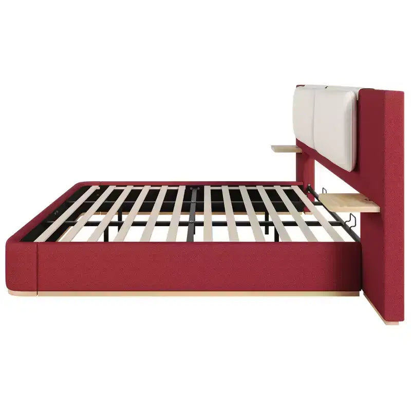 Cadre de lit plateforme capitonné Whisen King Size avec étagères de rangement latérales, tête de lit et panneau en PU doux, anti-collision, assemblage facile